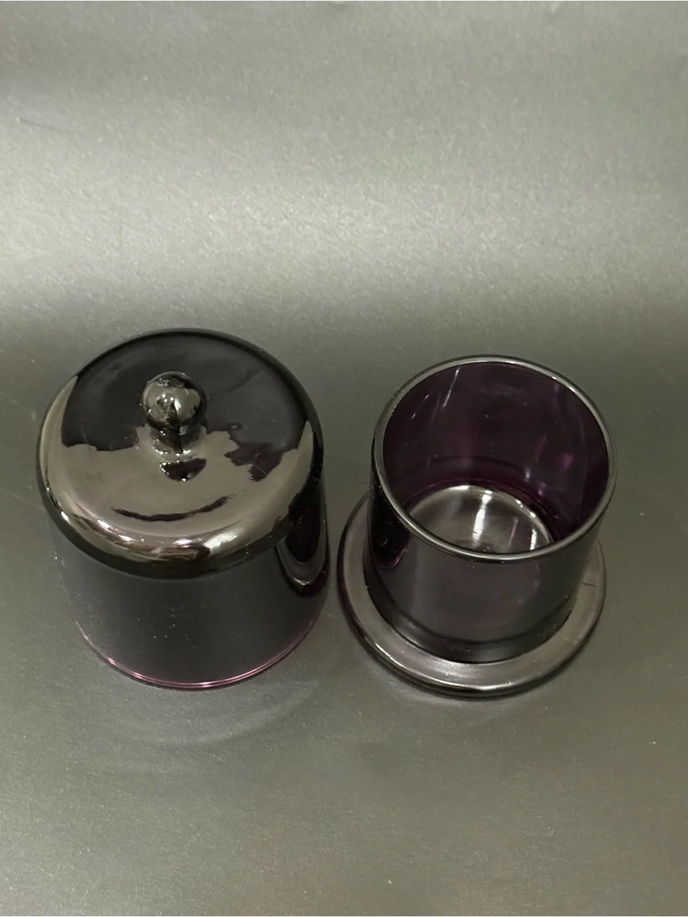 Purple Tinted Glass Lidded Candle Holder Multipurpose Glass Container